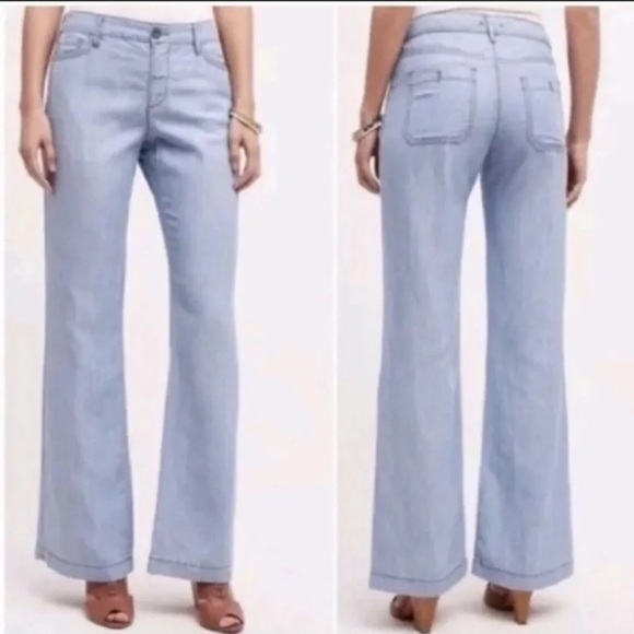 Anthropologie Pilcro Chambray Tencel Linen Wide Leg Pant 30" Mid Rise Pockets - Picture 2 of 12